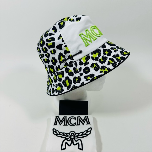 MCM Leopard Print Bucket Hat Multi Logo Embroidered Adjustable NWT - Picture 7 of 16